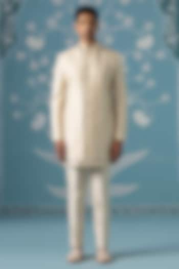 Cream Poly Cotton Threadwork Open-Style Indowestern Set by The Ethnic Co at Pernia's Pop Up Shop