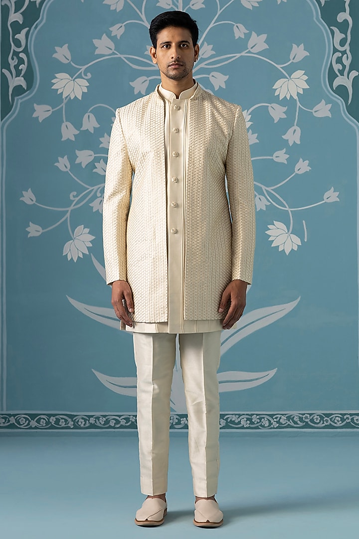 Cream Poly Cotton Threadwork Open-Style Indowestern Set by The Ethnic Co at Pernia's Pop Up Shop