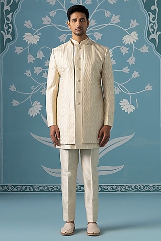 Cream Poly Cotton Threadwork Open-Style Indowestern Set by The Ethnic Co