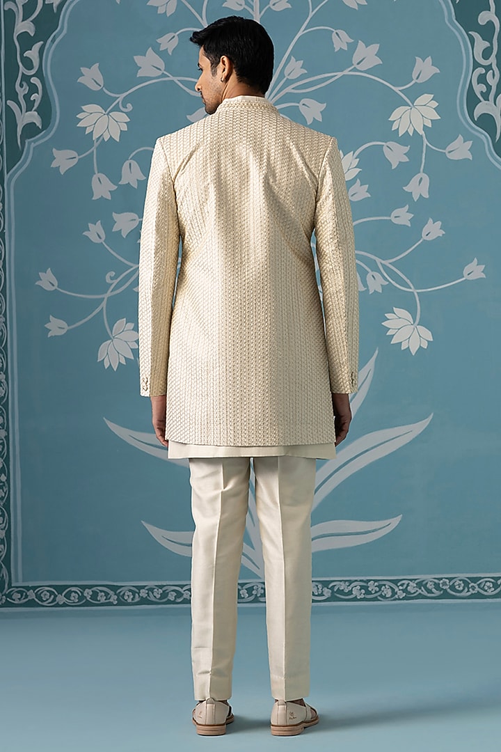 Cream Poly Cotton Threadwork Open-Style Indowestern Set by The Ethnic Co at Pernia's Pop Up Shop