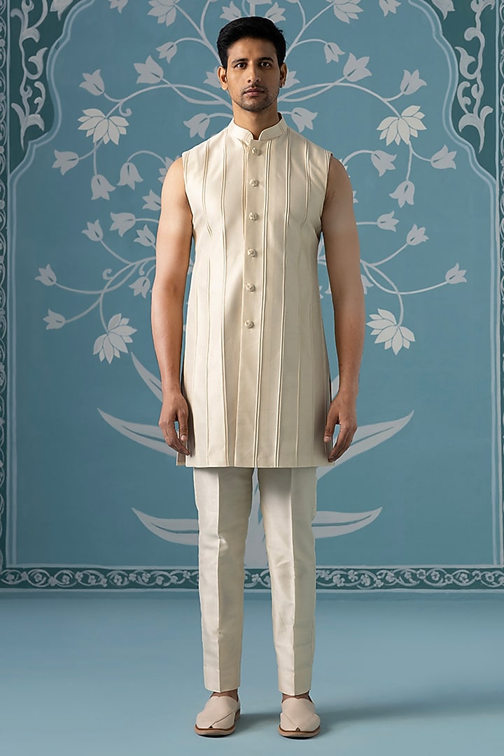 Cream Poly Cotton Threadwork Open-Style Indowestern Set by The Ethnic Co at Pernia's Pop Up Shop