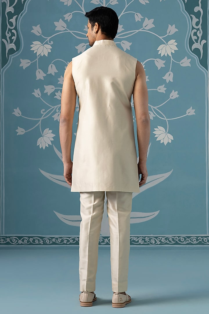 Cream Poly Cotton Threadwork Open-Style Indowestern Set by The Ethnic Co at Pernia's Pop Up Shop