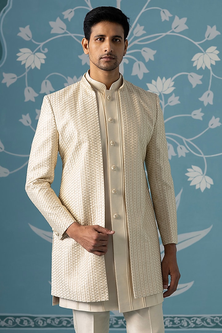 Cream Poly Cotton Threadwork Open-Style Indowestern Set by The Ethnic Co at Pernia's Pop Up Shop