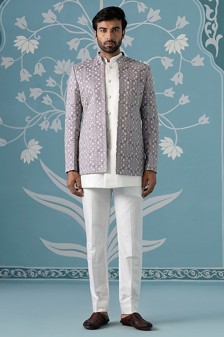 Light Lavender Satin Embroidered Indowestern Set by The Ethnic Co at Pernia's Pop Up Shop