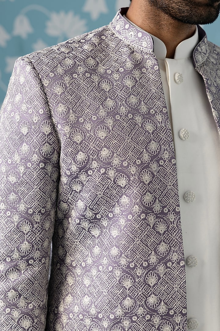 Light Lavender Satin Embroidered Indowestern Set by The Ethnic Co at Pernia's Pop Up Shop