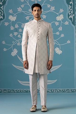 Cream Poly Cotton Embroidered Indowestern Set by The Ethnic Co