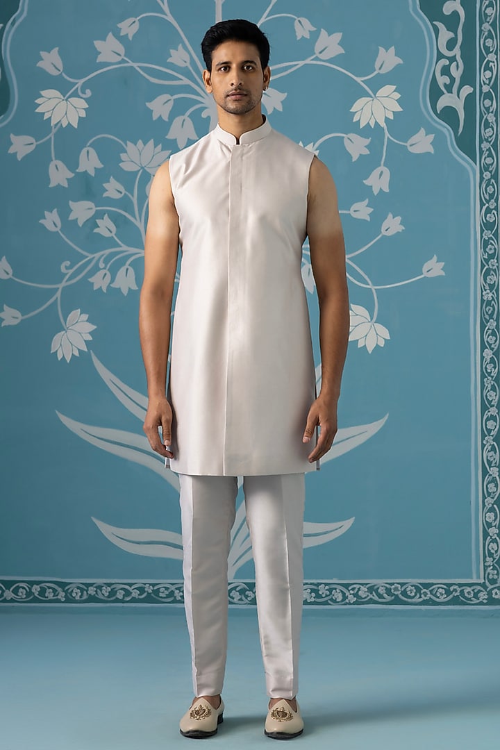 Cream Poly Cotton Embroidered Wedding Indowestern Set by The Ethnic Co at Pernia's Pop Up Shop