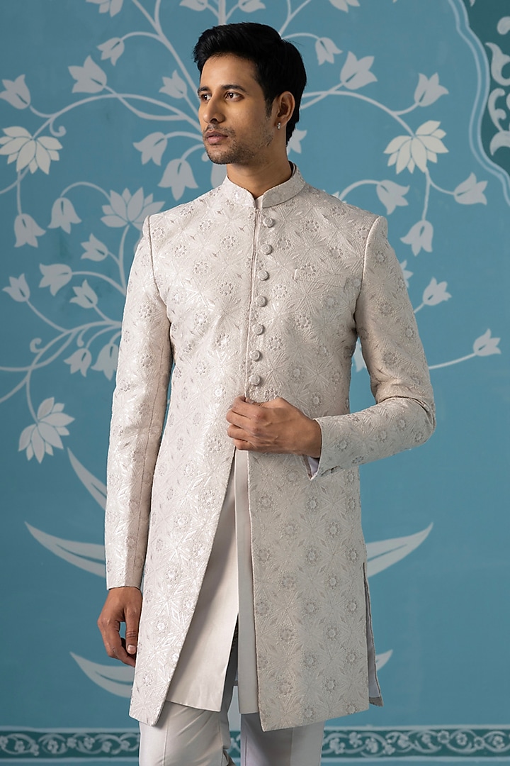 Cream Poly Cotton Embroidered Wedding Indowestern Set by The Ethnic Co at Pernia's Pop Up Shop
