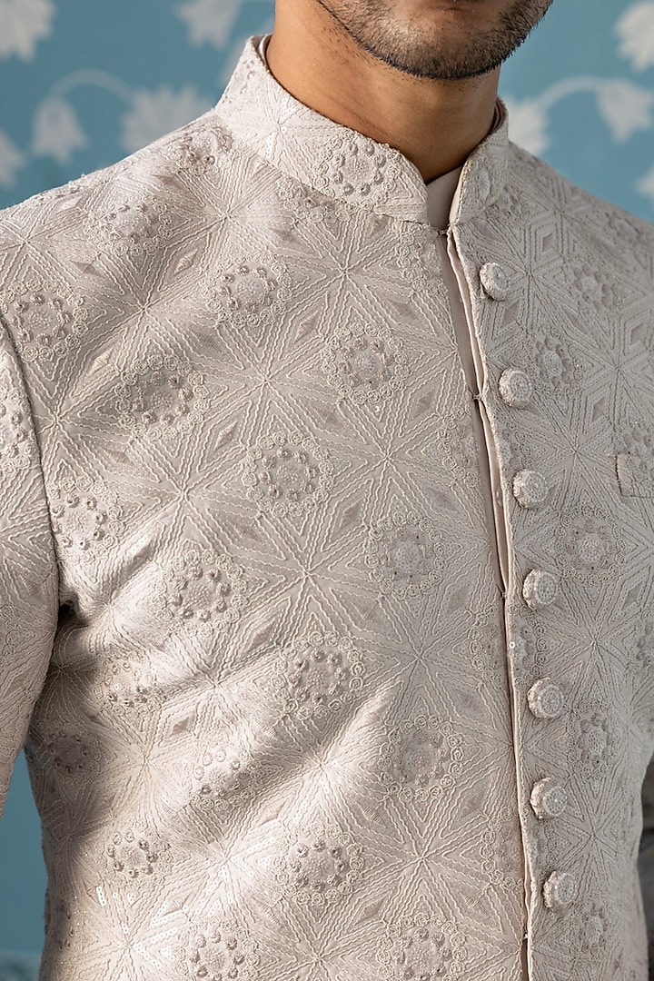 Cream Poly Cotton Embroidered Wedding Indowestern Set by The Ethnic Co at Pernia's Pop Up Shop