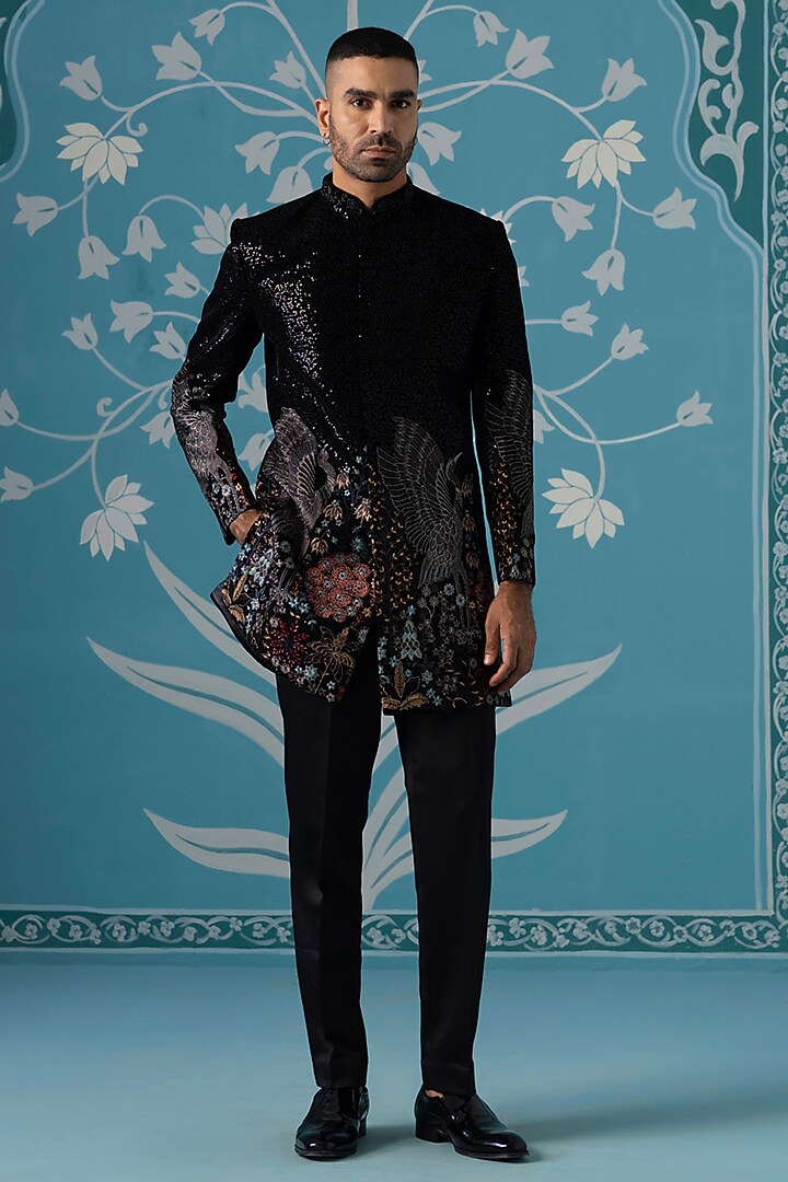 Black Velvet Embroidered Wedding Sherwani Set by The Ethnic Co at Pernia's Pop Up Shop
