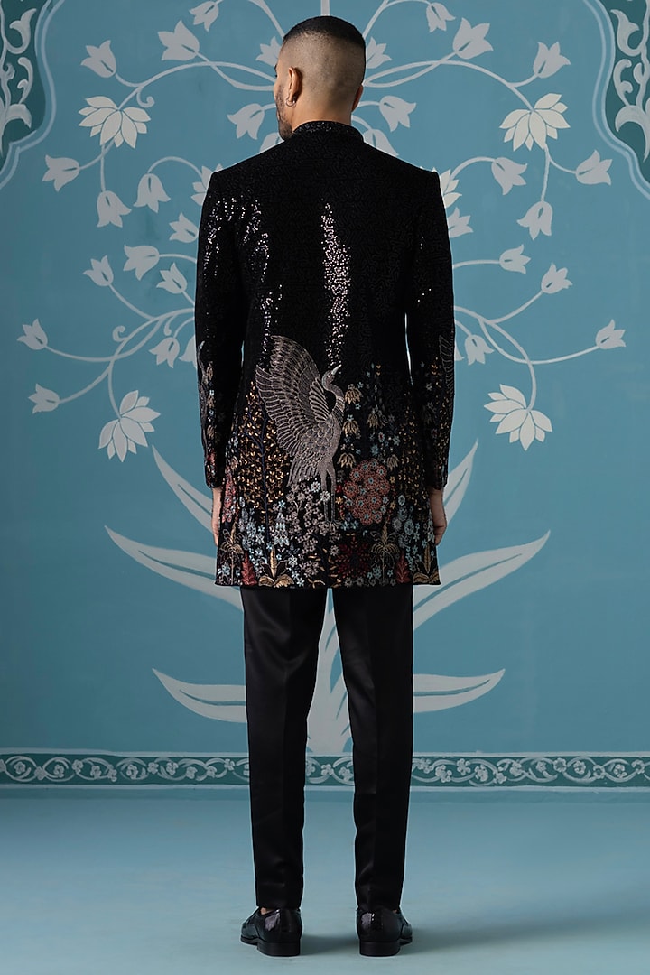 Black Velvet Embroidered Wedding Sherwani Set by The Ethnic Co at Pernia's Pop Up Shop