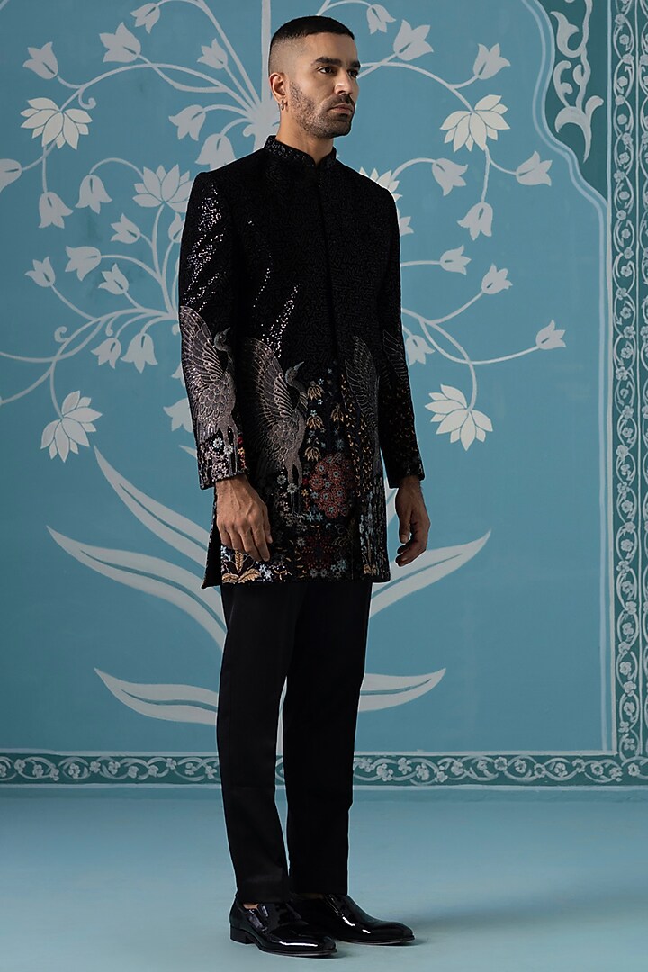 Black Velvet Embroidered Wedding Sherwani Set by The Ethnic Co at Pernia's Pop Up Shop