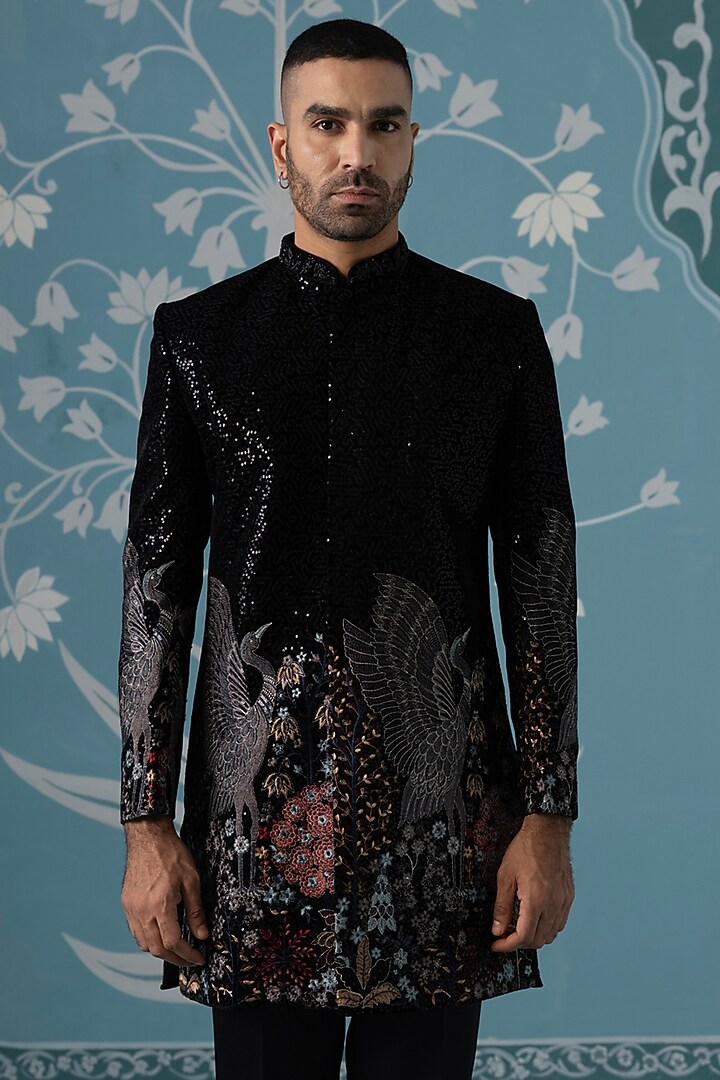 Black Velvet Embroidered Wedding Sherwani Set by The Ethnic Co at Pernia's Pop Up Shop