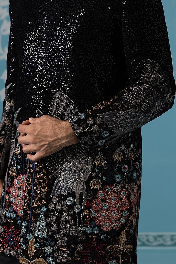 Black Velvet Embroidered Wedding Sherwani Set by The Ethnic Co at Pernia's Pop Up Shop