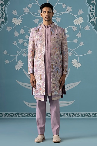 Pastel Lavender Poly Cotton Embroidered Indowestern Set by The Ethnic Co