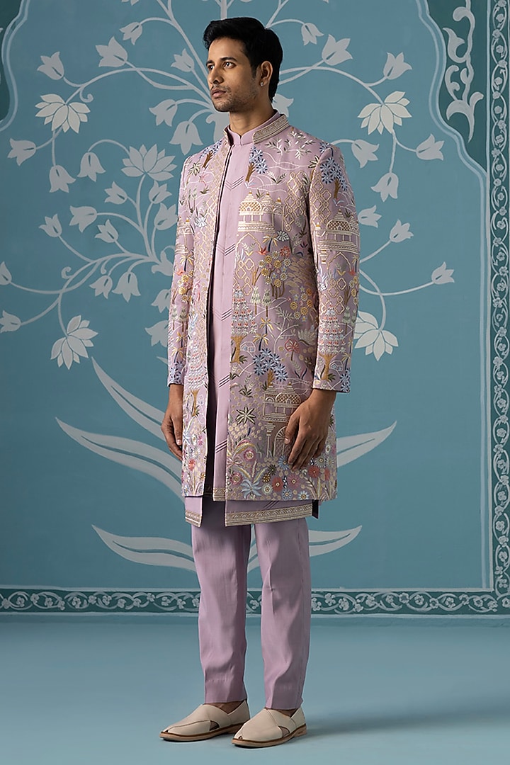 Pastel Lavender Poly Cotton Embroidered Wedding Indowestern Set by The Ethnic Co at Pernia's Pop Up Shop