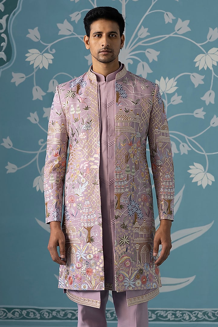Pastel Lavender Poly Cotton Embroidered Wedding Indowestern Set by The Ethnic Co at Pernia's Pop Up Shop
