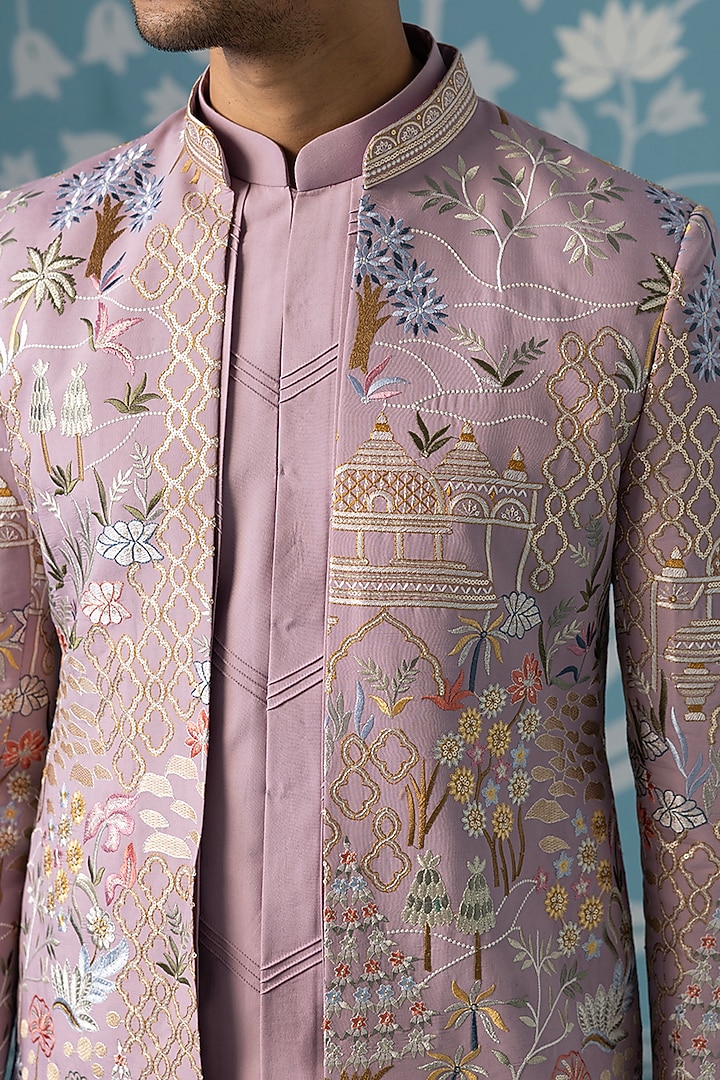 Pastel Lavender Poly Cotton Embroidered Wedding Indowestern Set by The Ethnic Co at Pernia's Pop Up Shop
