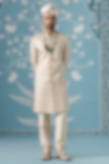 Cream Cotton Embroidered Wedding Sherwani Set by The Ethnic Co at Pernia's Pop Up Shop