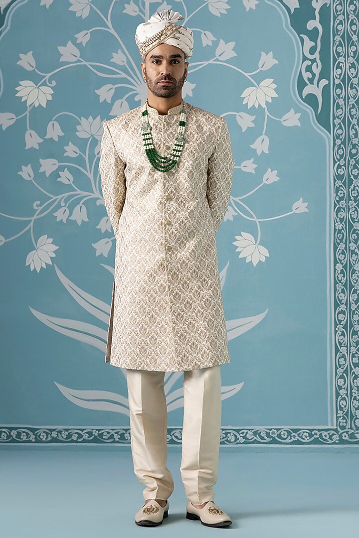 Cream Cotton Embroidered Wedding Sherwani Set by The Ethnic Co at Pernia's Pop Up Shop