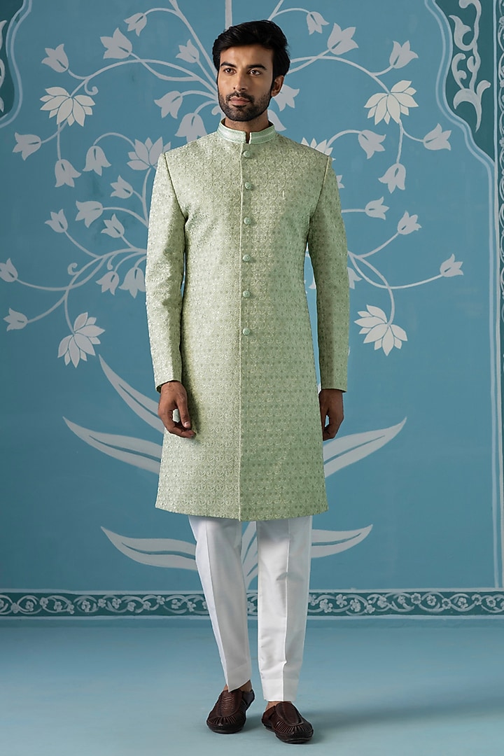 Pastel Green Jacquard Embroidered Long Jacket Set by The Ethnic Co at Pernia's Pop Up Shop
