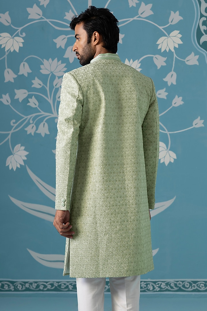 Pastel Green Jacquard Embroidered Long Jacket Set by The Ethnic Co at Pernia's Pop Up Shop
