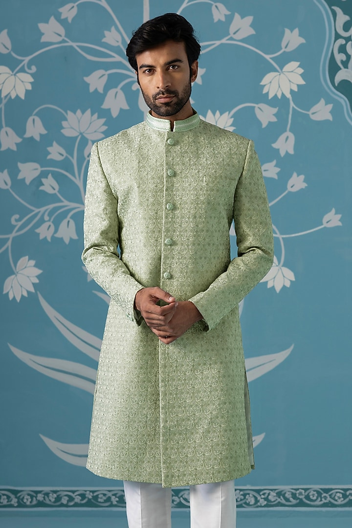 Pastel Green Jacquard Embroidered Long Jacket Set by The Ethnic Co at Pernia's Pop Up Shop