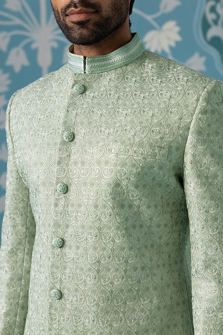 Pastel Green Jacquard Embroidered Long Jacket Set by The Ethnic Co at Pernia's Pop Up Shop