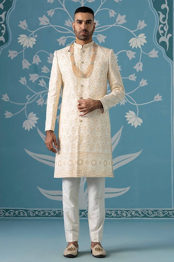 Off-White Cotton Thread Embroidered Sherwani Set by The Ethnic Co at Pernia's Pop Up Shop