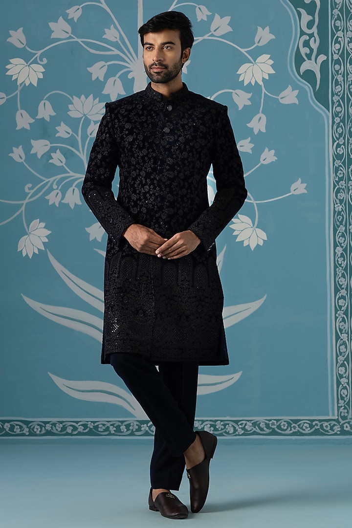 Black Velvet Hand Embroidered Wedding Sherwani Set by The Ethnic Co at Pernia's Pop Up Shop