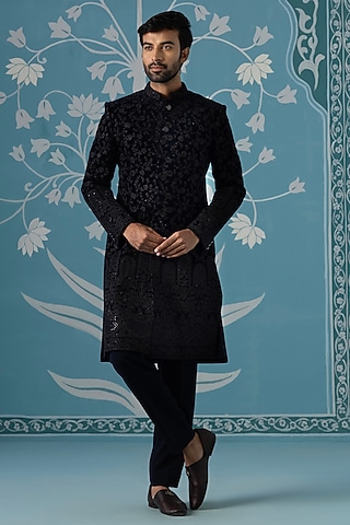 Black Velvet Hand Embroidered Sherwani Set by The Ethnic Co