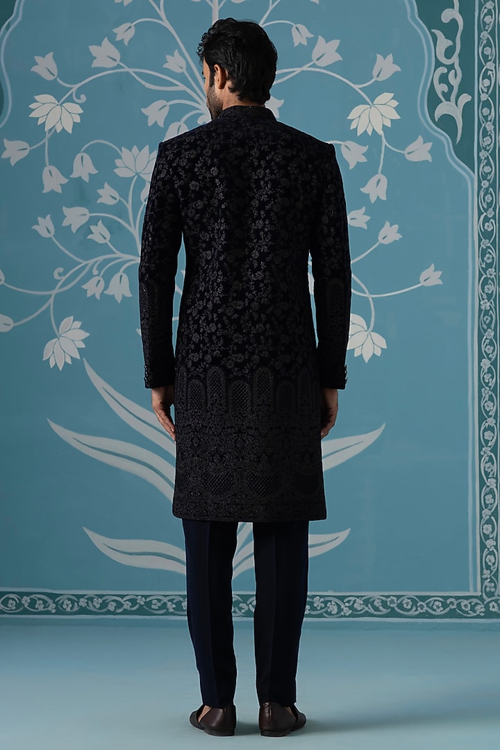 Black Velvet Hand Embroidered Wedding Sherwani Set by The Ethnic Co at Pernia's Pop Up Shop