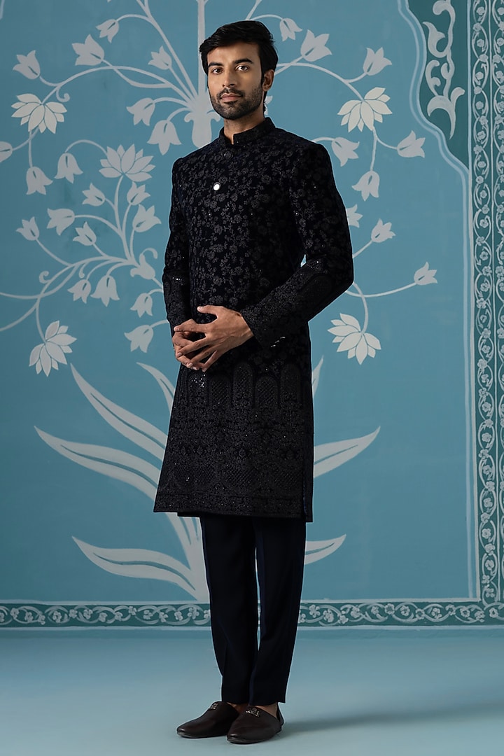 Black Velvet Hand Embroidered Wedding Sherwani Set by The Ethnic Co at Pernia's Pop Up Shop