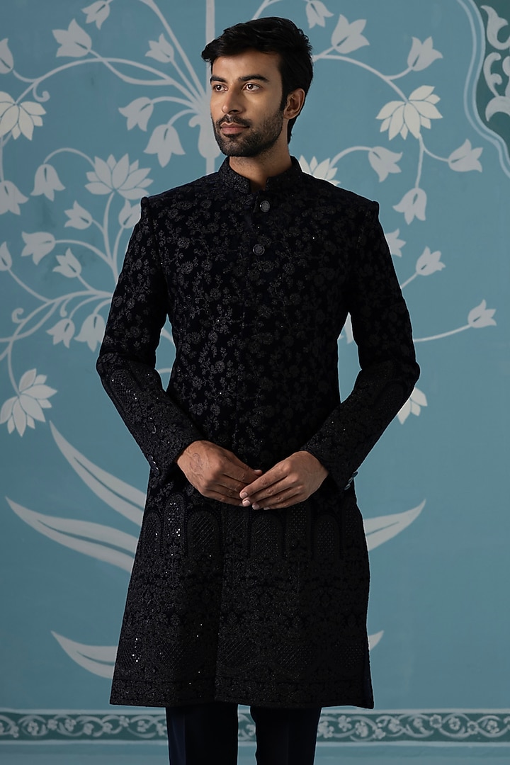 Black Velvet Hand Embroidered Wedding Sherwani Set by The Ethnic Co at Pernia's Pop Up Shop