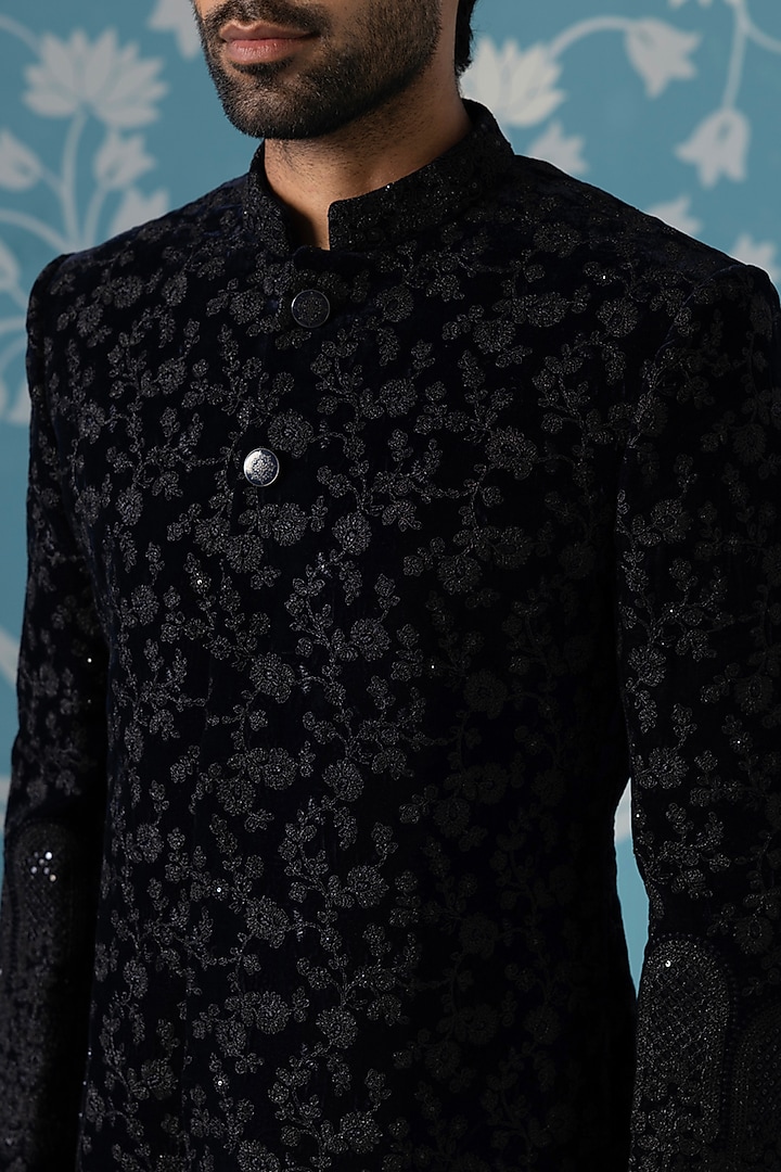 Black Velvet Hand Embroidered Wedding Sherwani Set by The Ethnic Co at Pernia's Pop Up Shop