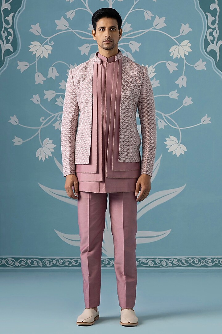 Onion Pink Cotton Silk Embroidered Open Wedding Indowestern Set by The Ethnic Co at Pernia's Pop Up Shop