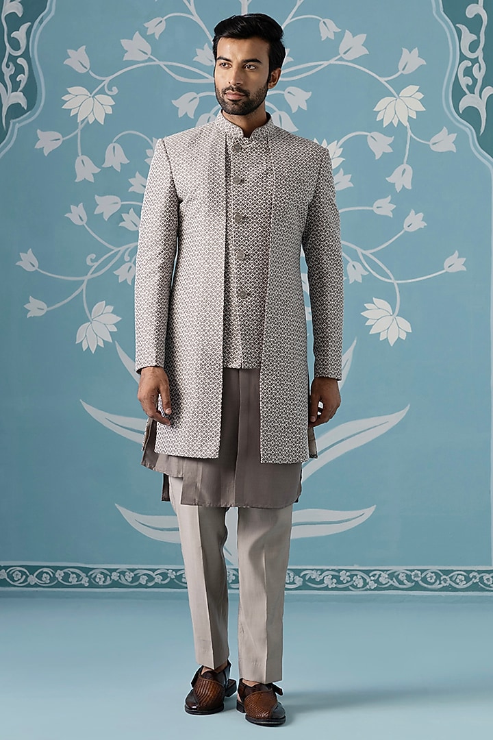 Dusky Brown Cotton Silk Embroidered Indowestern Set by The Ethnic Co at Pernia's Pop Up Shop