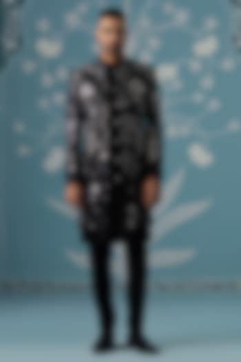 Black Cotton Silk Floral Embroidered Open Wedding Indowestern Set by The Ethnic Co at Pernia's Pop Up Shop