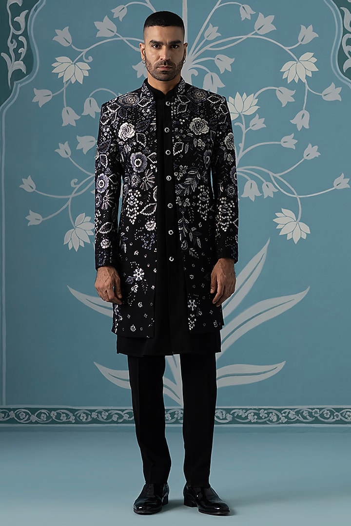 Black Cotton Silk Floral Embroidered Open Wedding Indowestern Set by The Ethnic Co at Pernia's Pop Up Shop