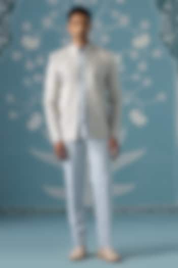 Dusky Blue Cotton Silk Embroidered Open-Indowestern Set by The Ethnic Co at Pernia's Pop Up Shop