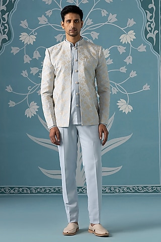 Dusky Blue Cotton Silk Embroidered Open-Indowestern Set by The Ethnic Co