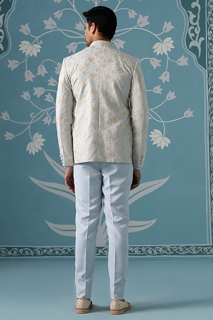 Dusky Blue Cotton Silk Embroidered Open-Indowestern Set by The Ethnic Co at Pernia's Pop Up Shop
