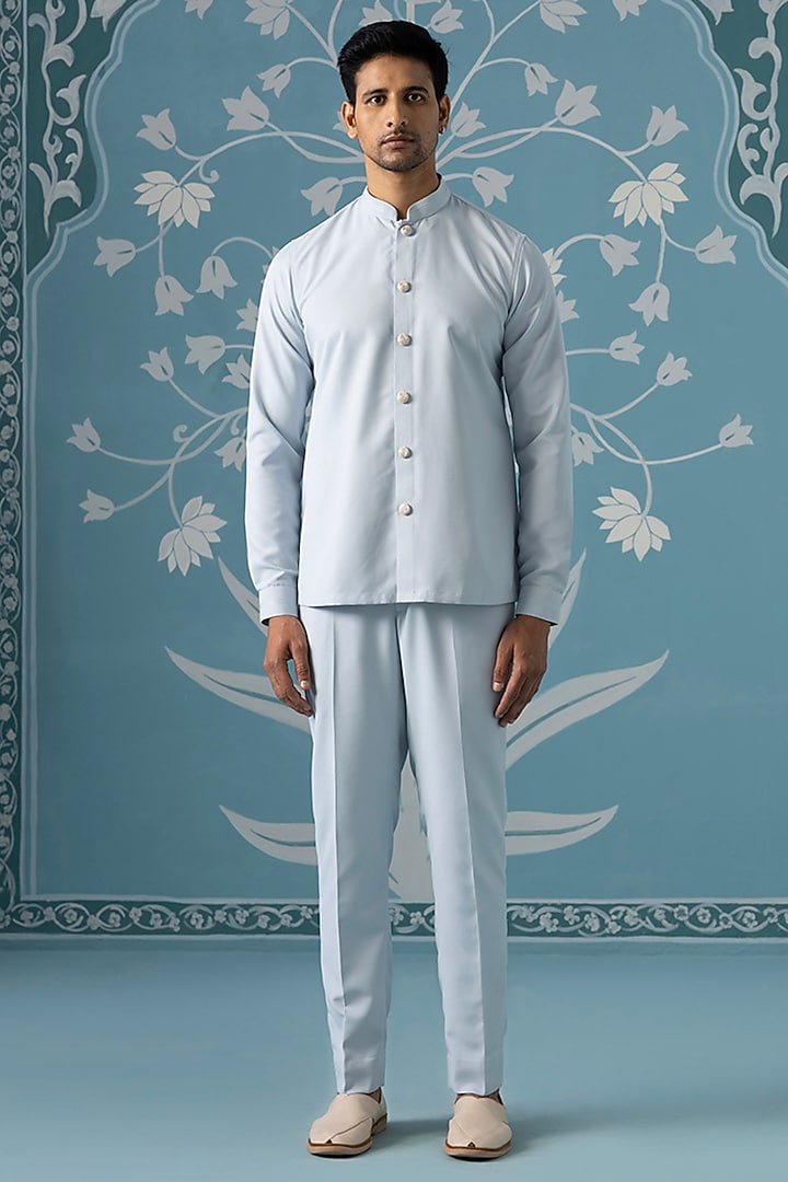 Dusky Blue Cotton Silk Embroidered Open-Indowestern Set by The Ethnic Co at Pernia's Pop Up Shop