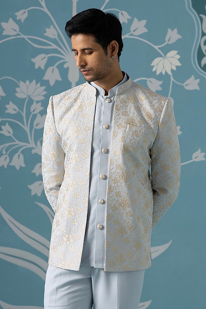 Dusky Blue Cotton Silk Embroidered Open-Indowestern Set by The Ethnic Co at Pernia's Pop Up Shop