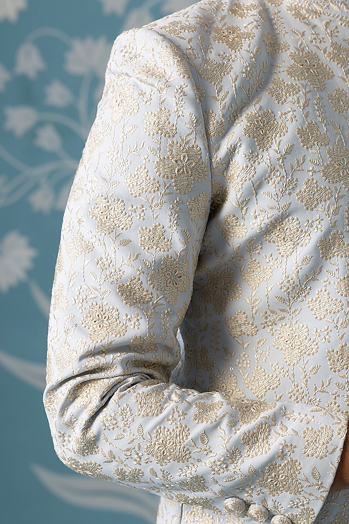 Dusky Blue Cotton Silk Embroidered Open-Indowestern Set by The Ethnic Co at Pernia's Pop Up Shop