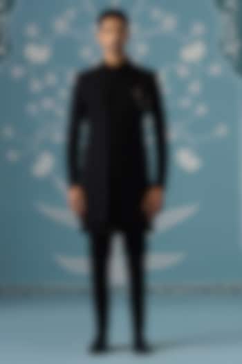 Black Cotton Silk Embroidered Front-Open Indowestern Set by The Ethnic Co at Pernia's Pop Up Shop