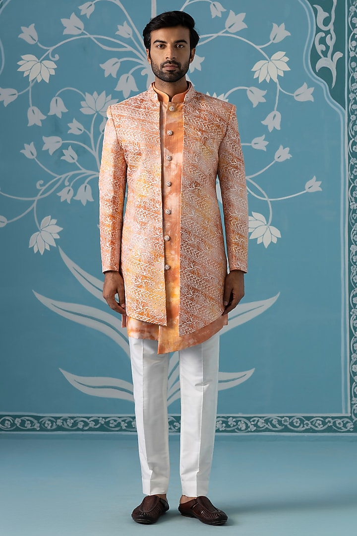 Orange Cotton Silk Embroidered Dyed Front-Open Indowestern Set by The Ethnic Co at Pernia's Pop Up Shop
