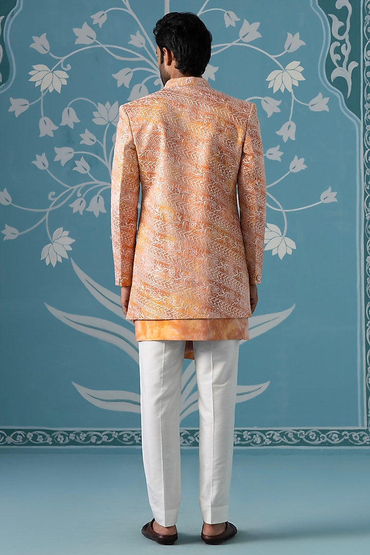 Orange Cotton Silk Embroidered Dyed Front-Open Indowestern Set by The Ethnic Co at Pernia's Pop Up Shop