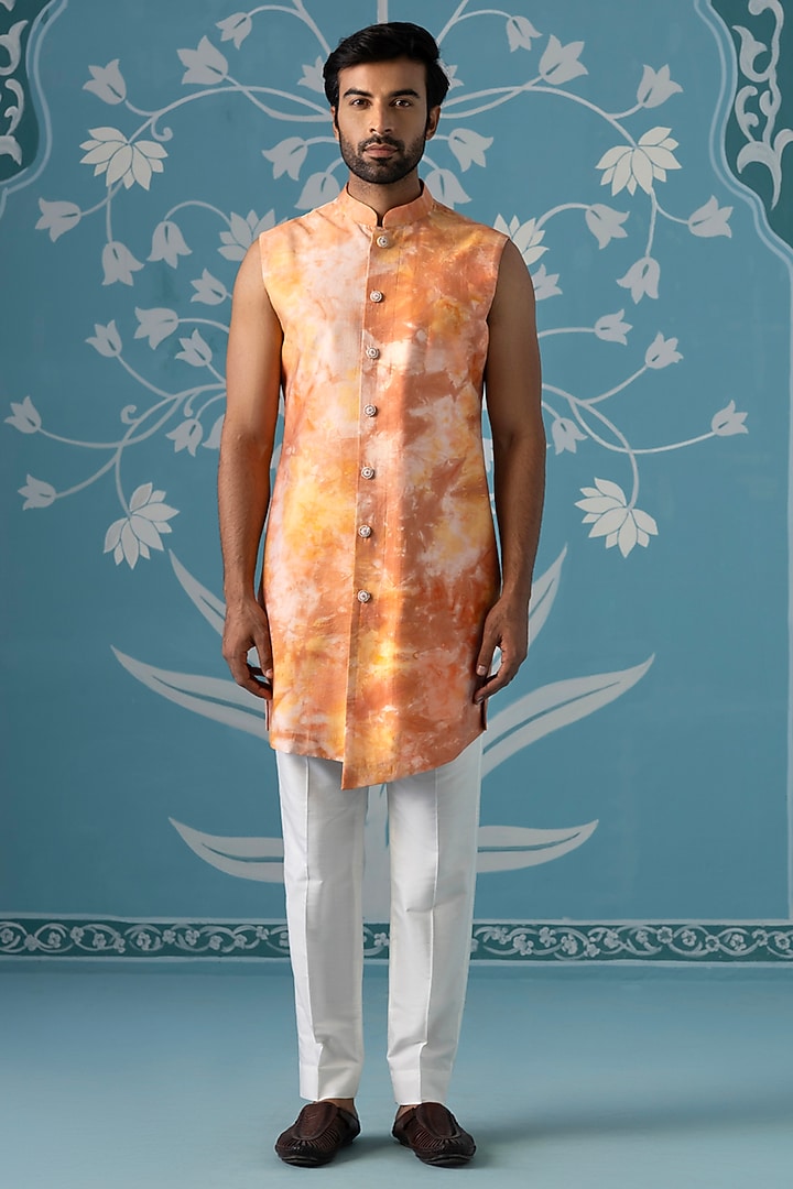 Orange Cotton Silk Embroidered Dyed Front-Open Indowestern Set by The Ethnic Co at Pernia's Pop Up Shop