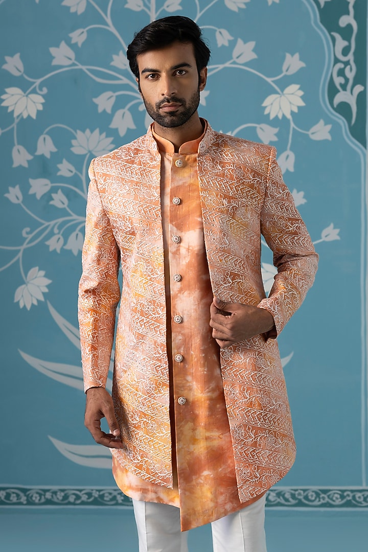 Orange Cotton Silk Embroidered Dyed Front-Open Indowestern Set by The Ethnic Co at Pernia's Pop Up Shop